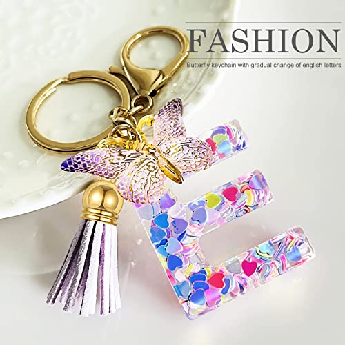 JINGUAZI Initial letter Keychains for Women Tassel Butterfly Pink Purple Cute Car Keychain for Wallet Backpack bag charm - color: E-purple