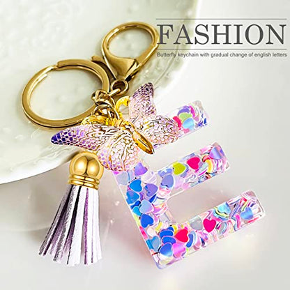 JINGUAZI Initial letter Keychains for Women Tassel Butterfly Pink Purple Cute Car Keychain for Wallet Backpack bag charm - color: E-purple