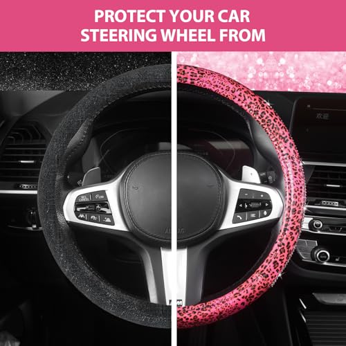 AUTOYOUTH Leopard Print Steering Wheel Cover - Bling Crystal Rhinestones Cheetah Print on PVC Leather Non-Slip Breathable Design for Women/Girls Universal Fit 14.5-15 Inch - Pink - color: PINK