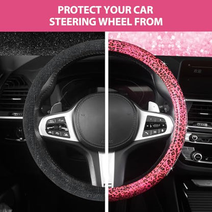 AUTOYOUTH Leopard Print Steering Wheel Cover - Bling Crystal Rhinestones Cheetah Print on PVC Leather Non-Slip Breathable Design for Women/Girls Universal Fit 14.5-15 Inch - Pink - color: PINK