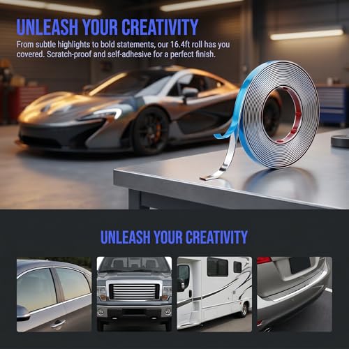 1/2 Inch Wide Silver Chrome Tape for Cars 16.4ft Scratch-Proof Glossy Automotive Trim Molding Universal Decorative Chromes Trim Strip Tape for Cars Trucks RV Doors Windows Bumpers Car Accessories