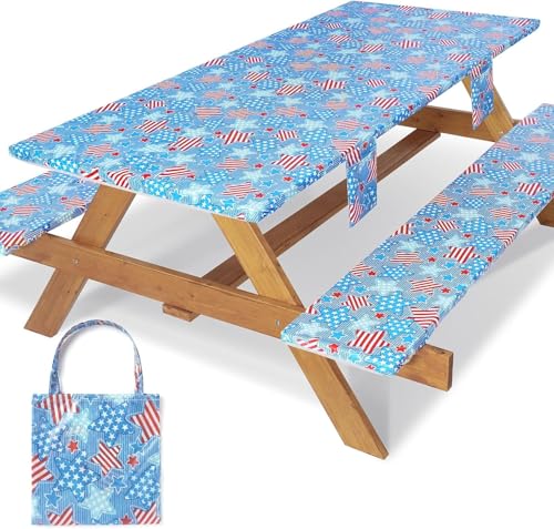 Picnic Table Cover with Bench Covers 8 Feet Water Proof Camping Table Clothes with Elastic Edge Hiking Rv Patio Equipment for Outside Car Travel Trips Gadgets Gift for Teenager Brother Sisters - color: Blue Star Flag, size: 96*30Inch