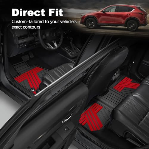 All Weather Floor Mats Custom Fit for Mazda CX-5 2017-2025 Waterproof Heavy Duty Anti-Slip Car Mats, 1st & 2nd Row Black & Red - color: Red