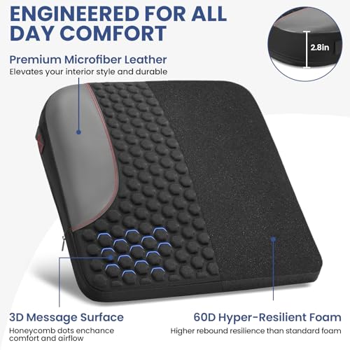 Car Seat Cushion for Driving, Driver Seat Pad with Honeycomb Message Dots - Ergonomic Auto Car Seat Pillow for Long Drives, Office Chair, Truck, Wheelchair - Coccyx & Lower Back Pain Relief - Black