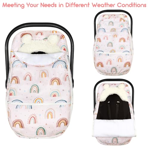 Winter Car Seat Cover Baby Girl Boy, Warm & Windproof Infant Carseat Cover Canopy Protect Baby from Cold Weather, Plush Fleece, Pink Rainbow - color: Pink Rainbow