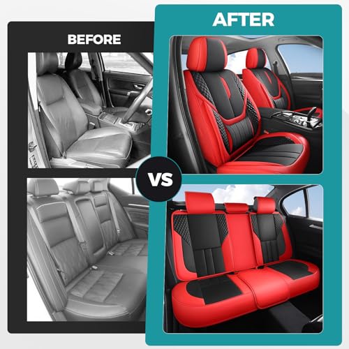 Car Seat Covers Full Set - Universal Seat Covers for Cars SUV Truck – Faux Leather Automotive Seat Covers, Breathable & Waterproof Front and Rear Seat Protectors, Fit for Most Cars-Redblack - color: Red