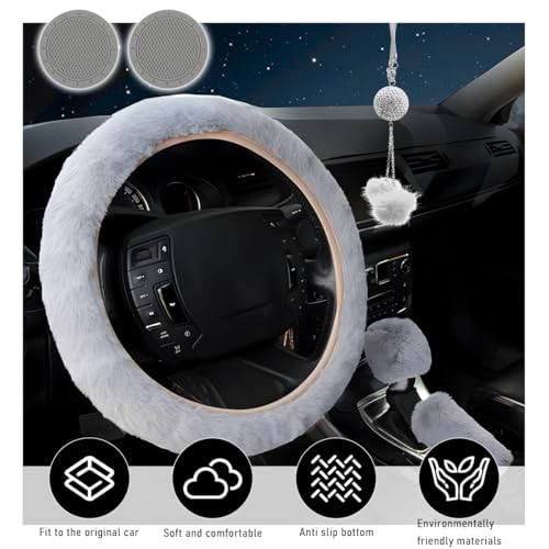 6 PCS Fluffy Steering Wheel Covers Set, 15 Inch Soft Steering Wheel Cover, Handbrake Cover & Gear Shift Cover & Cup Holder Coaster & Car Mirror Accessory, Car Accessories (Gray) - color: Gray