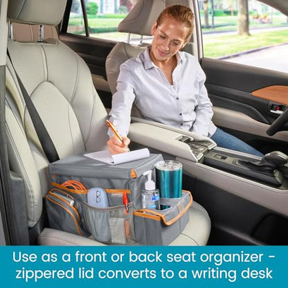 High Road CarHop Car Caddy Organizer with Road Trip Cooler, Car Cup Holder Bin, Sturdy Snack and Play Lid and 6 Organization and Storage Pockets, Gray - color: Gray