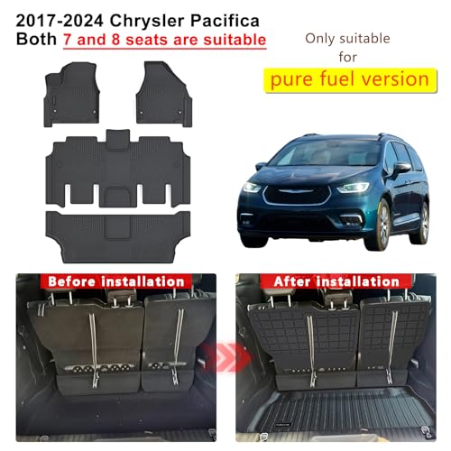 Floor Mats, Trunk Liner & Backrest Mat for 2017-2025 2026 Chrysler Pacifica Gas Touring 7/8 Seat (Non Hybrid & Non Pinnacle) Customized TPE All Weather Car Floor Liners with Backrest Protection Black - size: 2017-26|Chrysler Pacifica|Full Set