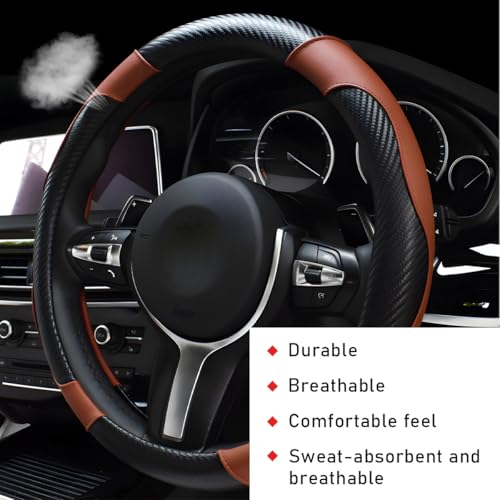 povtii Car Steering Wheel Cover, 15 Inch Leather Breathable Auto Steering Wheel Protector, Comfortable Non-Slip Vehicle Steering Wheel Covers, Universal Car Accessories (Coffee, with Lining) - color: Coffee, With Lining
