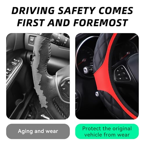 15 Inch Car Leather Steering Wheel Cover, Automotive Accessories Elastic Breathable Anti-Slip Soft Wheel Protector Fits Men and Women, Suitable for SUVs, Trucks, Vehicles and RVs (Red) - color: Red