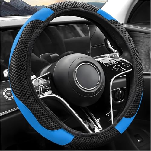Elastic Stretch Steering Wheel Cover, Warm in Winter and Cool in Summer, Universal 15 inch Microfiber Breathable Ice Silk Anti Slip Car Interior Accessories, Odorless, (Black Blue) - color: Blue