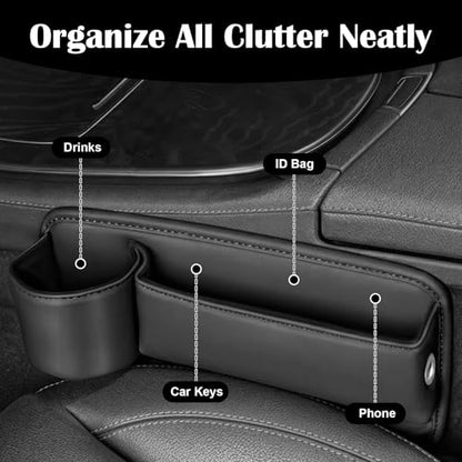 2PCS Car Seat Gap Filler Organizer, Gap Filler with Cup Holder and Storage for Cars, PU Leather Front Seat Side Organizer for Keys Cards Phone Sunglasses and Small Items(Black)