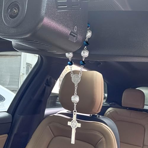 One Decade Car Rosary Navy Blue Glass Prayer Beads with St. Benedict Medal & Crucifix Spiritual Protection Rearview Mirror Accessory Catholic Gift for Travelers - color: Navy Blue
