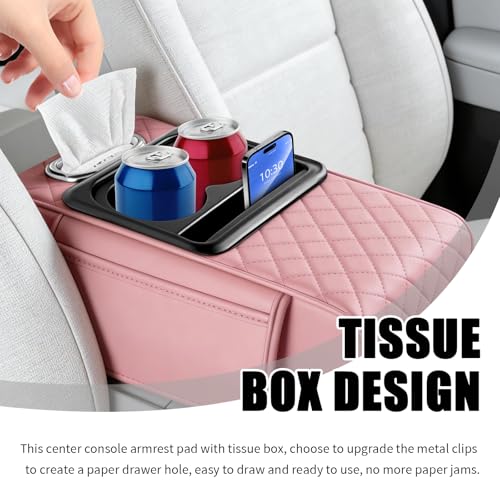 5-in-1 Car Center Console Cover,Leather Car Armrest Cover with Cup Holder/Storage Pocket/Phone Holder/Cars Tissue Holders,Thickened Cars Armrest Storage Box for Relieving Elbow Fatigue (Pink) - color: Pink