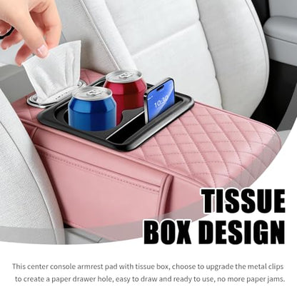 5-in-1 Car Center Console Cover,Leather Car Armrest Cover with Cup Holder/Storage Pocket/Phone Holder/Cars Tissue Holders,Thickened Cars Armrest Storage Box for Relieving Elbow Fatigue (Pink) - color: Pink
