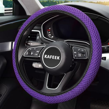 KAFEEK Elastic Stretch Steering Wheel Cover 15 Inch, Breathable Ice Silk Microfiber, Non-Slip Grip, Warm in Winter and Cool in Summer, Odorless, Car Accessories Fit Cars, SUVs, Purple - color: purple