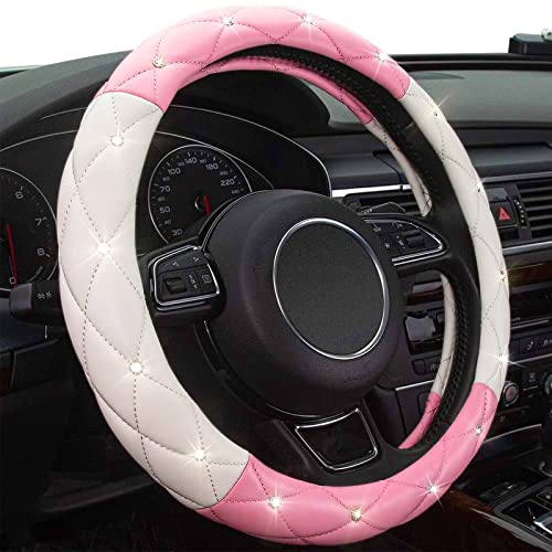White Pink Steering Wheel Cover, Anti-Slip Steering Wheel Protector with Crystal Rhinestones Microfiber Leather, Steering Wheel Cover for Women and Girl Fit 14.5-15 inch - color: White+Pink
