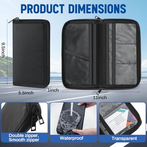 Fireproof Car Registration and Insurance Holder Waterproof Car Accessories Glove Box Organizer with Flexible Secure Zippered Case for Women Men Teen Secure Storage for Home, Office, Travel