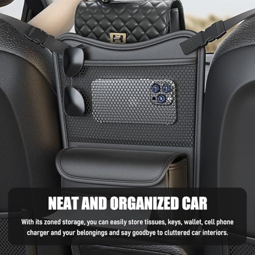 Car Organizer Storage Between Seats, Nappa Leather Front Seat Storage Bag with Tissue Holder, Automotive Console Hanging Net Pocket Handbag Holder for Phone Document (Black)
