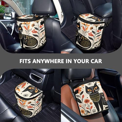 MNSRUU Car Trash Can with Lid, Black Cat Flowers Car Trash Bag Hanging Organizers and Storage for Front Back Seat, Leak-Proof Trash Bin - color: Cat I 3504