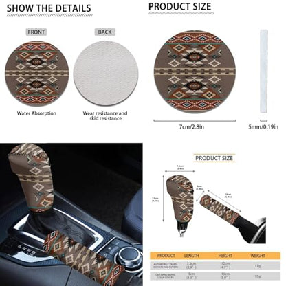 Dreaweet Geometric Aztec Car Seat Covers Full Set Southwestern Native American Seat Covers with Steering Wheel Cover,Center Console Cover,Seat Belt Pads,Coasters,Gear Shift & Handbrake Cover,12 Pcs - color: Geometric Aztec