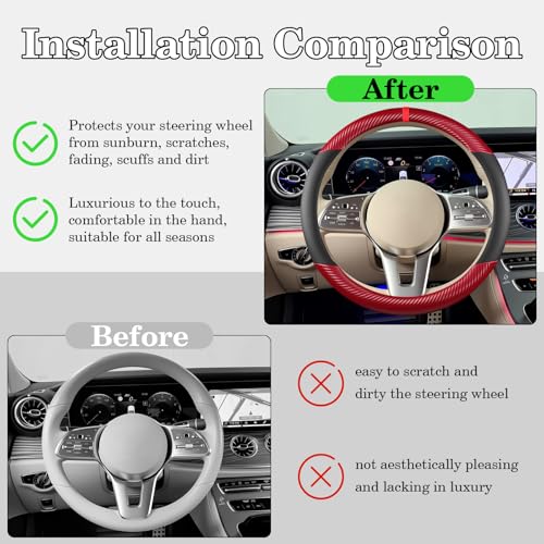 Black & Red Carbon Fiber Leather Steering Wheel Cover, Microfiber Leather, Anti-Slip, Breathable, Universal Fit for 14.5–15 in Steering Wheel Cover for Men Women - color: Splicing Carbon Fiber - Black and Red