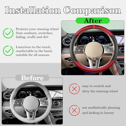 Black & Red Carbon Fiber Leather Steering Wheel Cover, Microfiber Leather, Anti-Slip, Breathable, Universal Fit for 14.5–15 in Steering Wheel Cover for Men Women - color: Splicing Carbon Fiber - Black and Red