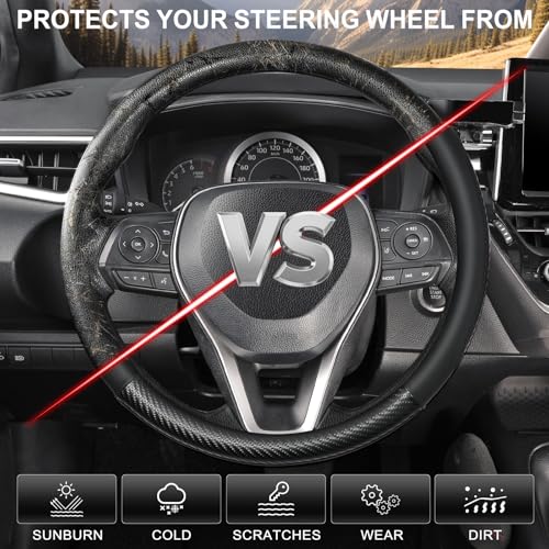 SEG Direct Car Steering Wheel Cover Standard Medium Size 14 1/2-15 inch, Non-Folding Packaging, Heavy Duty, Non-Slip, Black Microfiber Leather with Carbon Fiber Pattern - color: 1. Black with Carbon Fiber Pattern, size: Standard size[14 1/2''-15'']