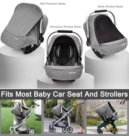 Baby Car Seat Cover, Large Mesh Window, Breathable Fabric, Infant Windproof Canopy, Universal Fit CarSeat Covers for Babies, Machine Washable, Gray