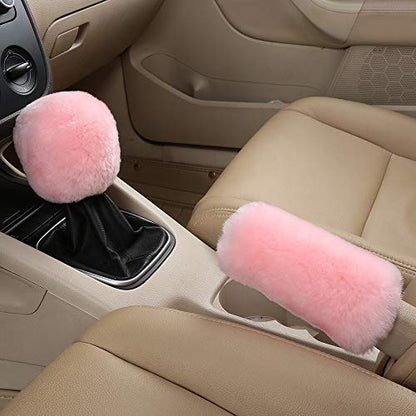 Fuzzy Sheepskin Gear Shift Knob Cover| Cute Pink Car Shifter Cover for Women & Men | Protects Hands from Extreme Temperatures | Handle Level Stick Handball Collar | Enhances Car Interior