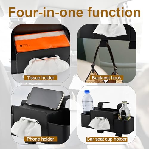4-in-1 Back Seat Car Organizer with Extra Large Capacity, 2 Cup Holders, Tissue Box Dispenser & Storage Hook for Phone, Snacks, Toys(Black)