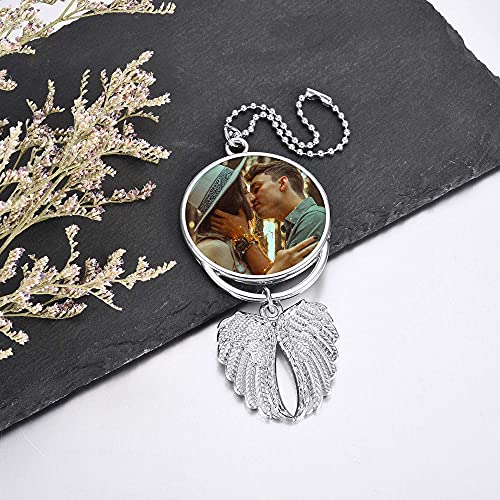 Custom Photo Rearview Mirror Car Charm Double Side Picture Engraving Car Hanging Ornament Angel Wing Car Charm Gift for Men Women - color: Silver-1 Pc