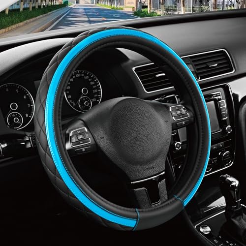 Road Comforts Leather Steering Wheel Cover – Black & Blue, Universal Fit 14.5-15 Inch, Microfiber Leather, Anti-Slip & Breathable Design for Men and Women - color: Lighet Blue