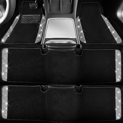 CAR PASS 3 Row Bling Diamond Car Mats Shining Carpet Rhinestones Sparkly Glitter Floor Mats Anti-Slip PVC Heel Pad Universal for Automotive SUV,Sedan,Van, 3rd Row 2 Rear for Girl Women, Black Silver - color: Black White