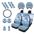 Aztec Style Printed 15 Pack Car Accessories Set, Sea Turtle Printed Car Seat Cover Full Set Steering Wheel Cover Car Headrest Cover Seat Belt Covers Car Coaster - color: Blue-Aztec Style Sea Turtle
