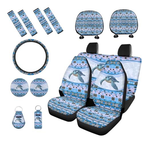 Aztec Style Printed 15 Pack Car Accessories Set, Sea Turtle Printed Car Seat Cover Full Set Steering Wheel Cover Car Headrest Cover Seat Belt Covers Car Coaster - color: Blue-Aztec Style Sea Turtle