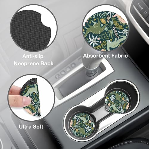 Dinosaurs and Tropical Leaves Steering Wheel Cover with 2 Pcs Car Coasters Neoprene Steering Wheel Cover for Women Men Anti-Slip Breathable Car Accessories Universal 15 Inch Fit Auto Cars Trucks - color: Dinosaurs and Tropical Leaves