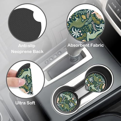 Dinosaurs and Tropical Leaves Steering Wheel Cover with 2 Pcs Car Coasters Neoprene Steering Wheel Cover for Women Men Anti-Slip Breathable Car Accessories Universal 15 Inch Fit Auto Cars Trucks - color: Dinosaurs and Tropical Leaves