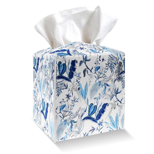 Tissue Box Cover Holder - Blue Flower and Bird PU Leather Tissue Box Cover with Bottom Belt, Vintage Square Facial Paper Organizer for Tabletop, Bathroom, Kitchen, Car & Office -031 - color: Blue Flower and Bird