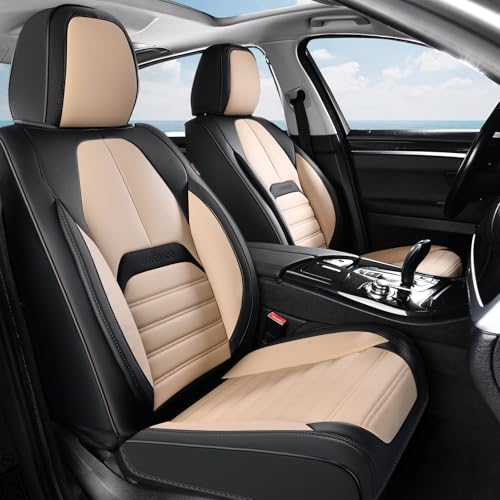 Coverado Car Seat Covers Full Set, Seat Covers for Cars, Automotive Seat Covers, Waterproof Nappa Leather Front Seats and Back Car Seat Protector, Universal Fit for Most Cars SUV Trucks,Black&Beige - color: BlackBeige-A, size: FullSet