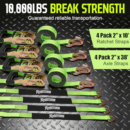 4-Pack 10,000lbs Break Strength Ratchet Straps Heavy Duty, 2 Inch x 10 Feet Tie Down Straps with J-Hooks & Clips & 2" x 38"Axle Straps for Car Trailer Truck, UTV, Motorcycle, Cargo & More - Green - color: Green