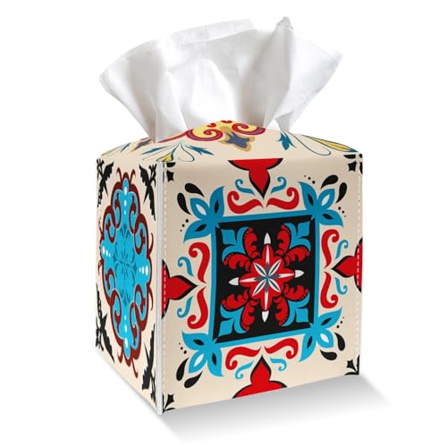 Tissue Box Cover Holder Square - Colorful Boho Floral PU Leather Tissue Box Cover with Bottom Belt, Facial Paper Dispenser for Tabletop, Bathroom, Kitchen, Car & Office -035 - color: Colorful Boho