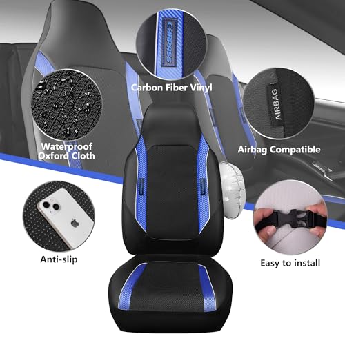 CAR PASS Sporty High Back 3D Oxford Waterproof Car Seat Cover Two Front, Universal Carbon Fiber Leather Bucket Seat Cover All Weather, Airbag Compatible Fit Sports Car SUV Sedan Truck Black Blue - color: Black and Blue