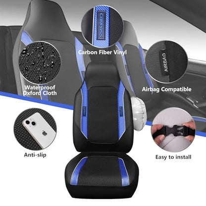 CAR PASS Sporty High Back 3D Oxford Waterproof Car Seat Cover Two Front, Universal Carbon Fiber Leather Bucket Seat Cover All Weather, Airbag Compatible Fit Sports Car SUV Sedan Truck Black Blue - color: Black and Blue