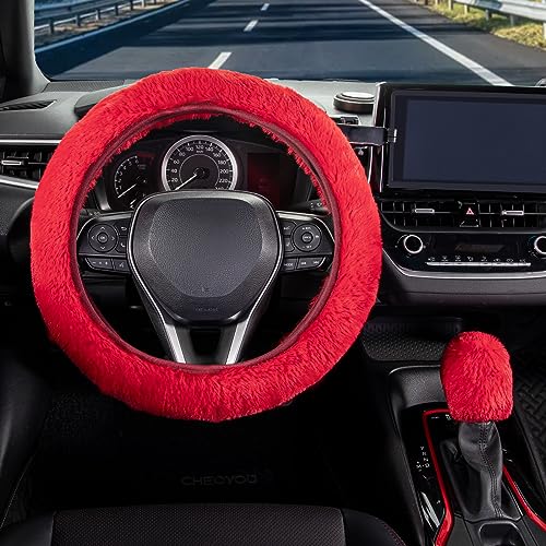 SEG Direct Furry Car Steering Wheel Cover with Fluffy Gear Shift Cover Soft Warm Non-Slip Car Decoration for Women Girls 2 PCS Set, Red - color: Red