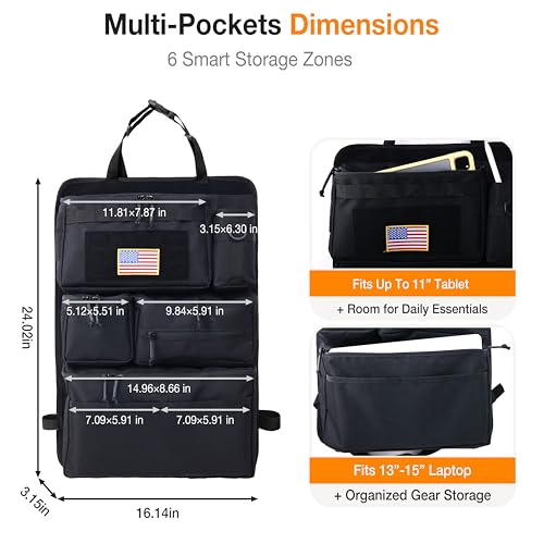 Tactical Car Seat Back Organizer, 600D Nylon MOLLE Seat Organizer with 6 Pockets, Hook and Loop Panel, Universal Fit for Car SUV Truck Jeep, Black