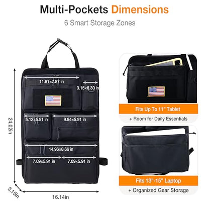 Tactical Car Seat Back Organizer, 600D Nylon MOLLE Seat Organizer with 6 Pockets, Hook and Loop Panel, Universal Fit for Car SUV Truck Jeep, Black