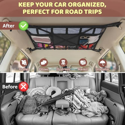 Extra Large Car Ceiling Cargo Net 43.3×27.5 Inch for SUV Minivan Truck Van,Roof Storage Organizer, Overhead Mesh Cargo Holder,Fits Most 4 Handle Vehicles for Road Trip Camping Travel - size: 43.3"×27.5"