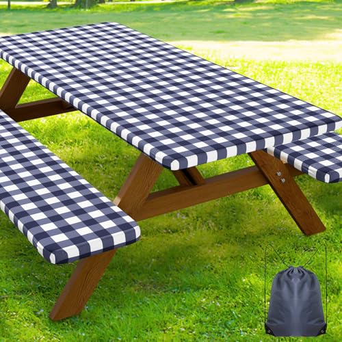 Smiry Picnic Table Cover with Bench Covers, Waterproof Elastic Fitted Tablecloths for 5 Foot Rectangle Tables, Washable Buffalo Plaid Tablecloth for Camping, Outdoor (Navy & White, 30"x60") - color: Navy and White, size: 30" x 60"